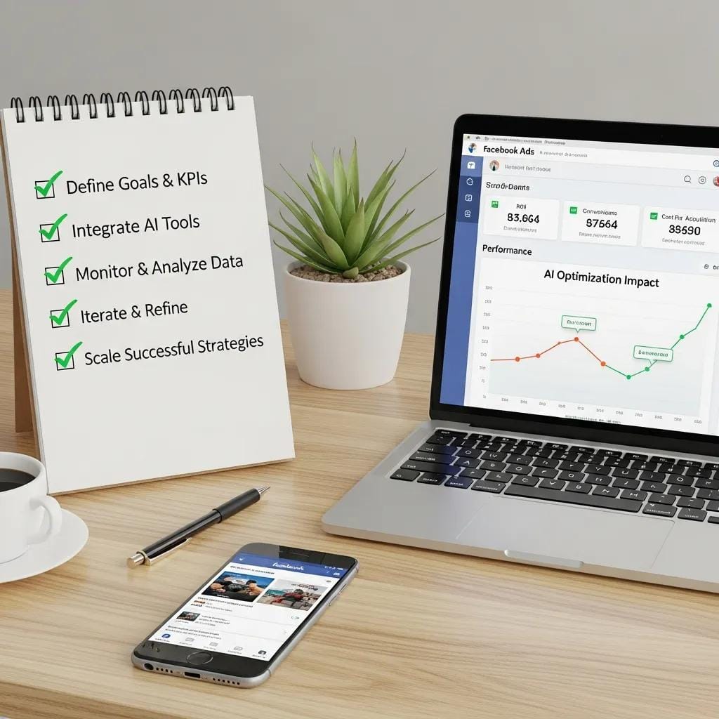 Step-by-step checklist for implementing AI optimization in Facebook Ads on a desk with a laptop
