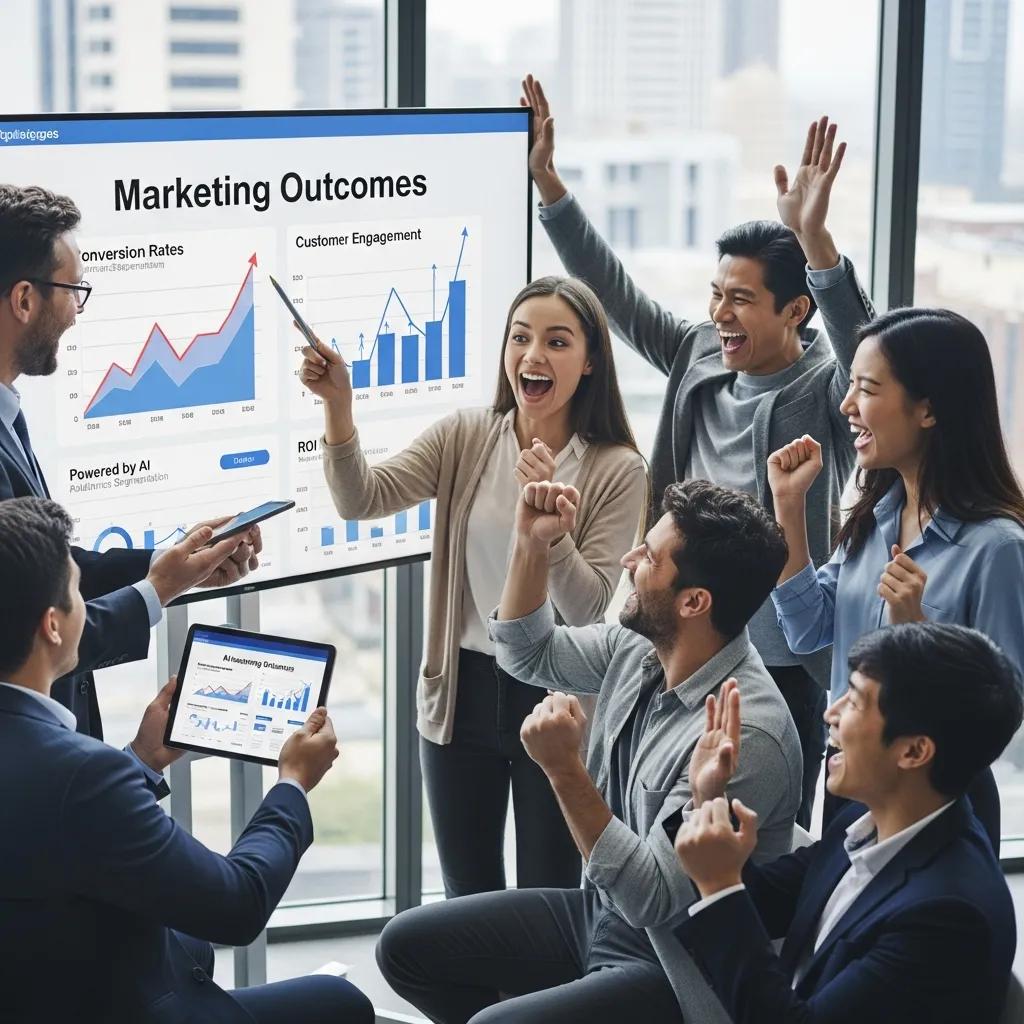 Business team celebrating success with charts in the background, illustrating the impact of AI audience segmentation
