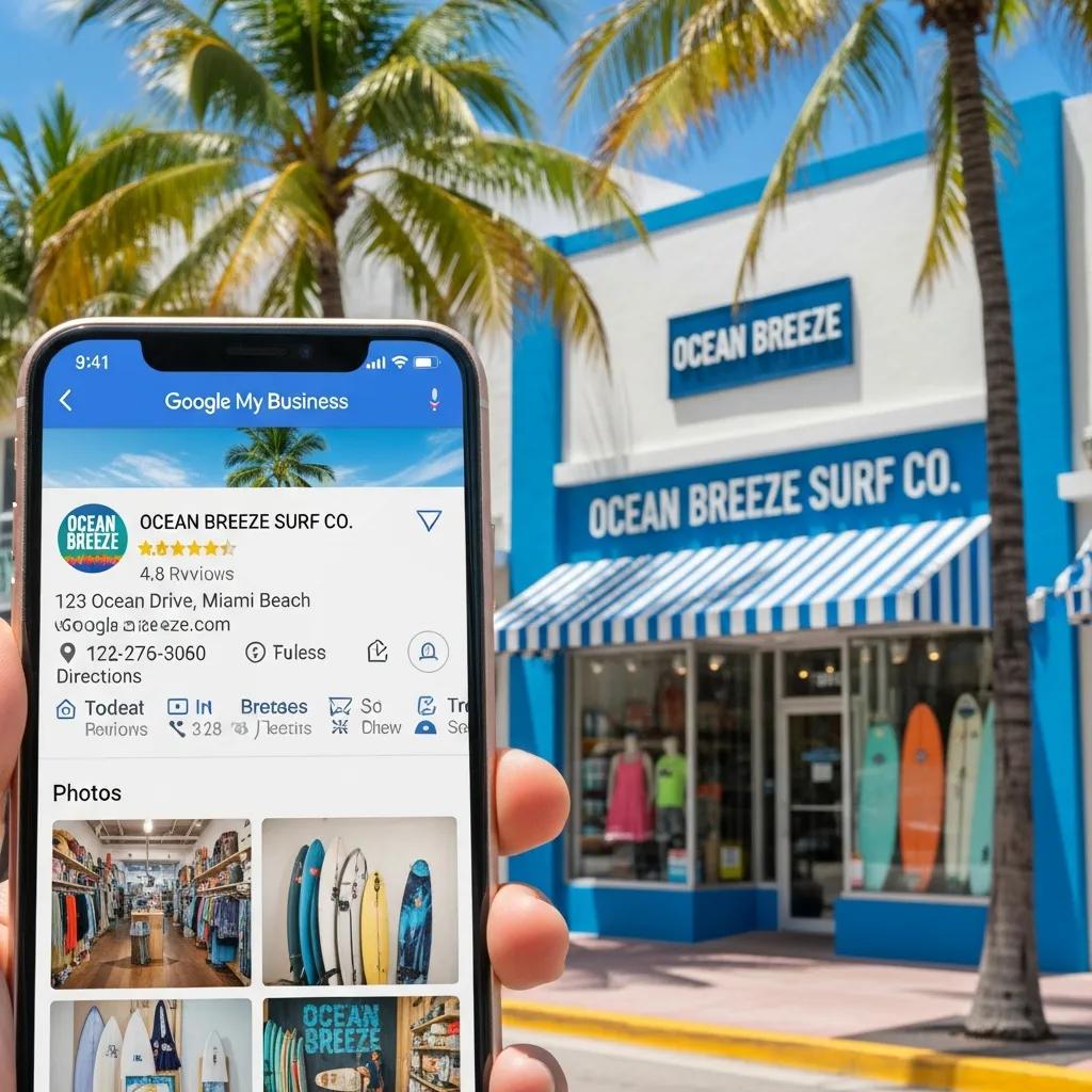 Close-up of Google My Business listing on smartphone with Miami Beach storefront in the background
