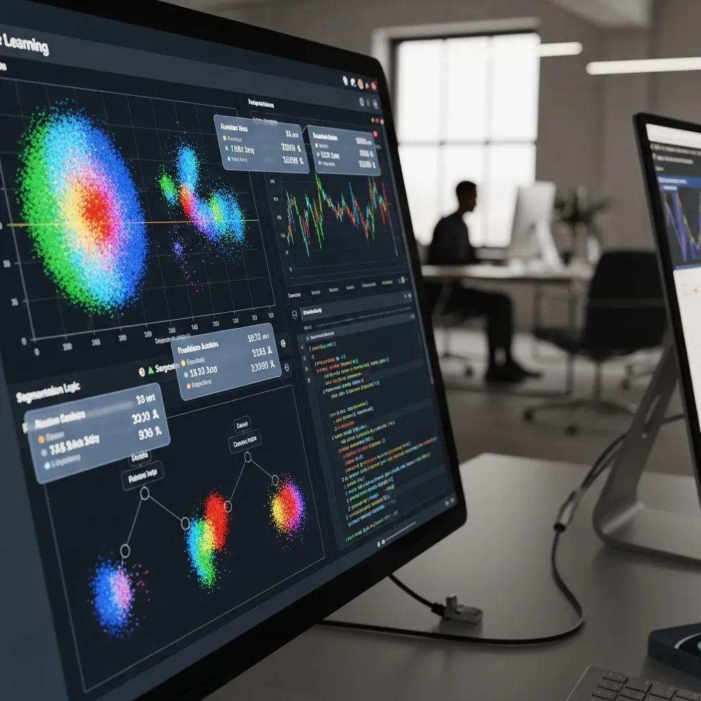 Computer screen showing data patterns and algorithms, highlighting machine learning in audience segmentation