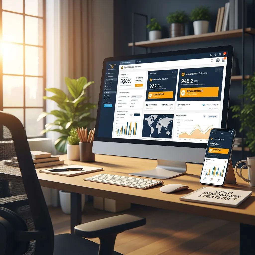 Digital advertising concepts with computer and smartphone showcasing targeted ads and analytics