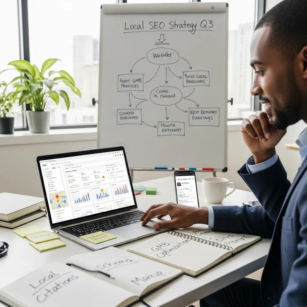 Digital marketing professional analyzing local SEO strategies in a modern office