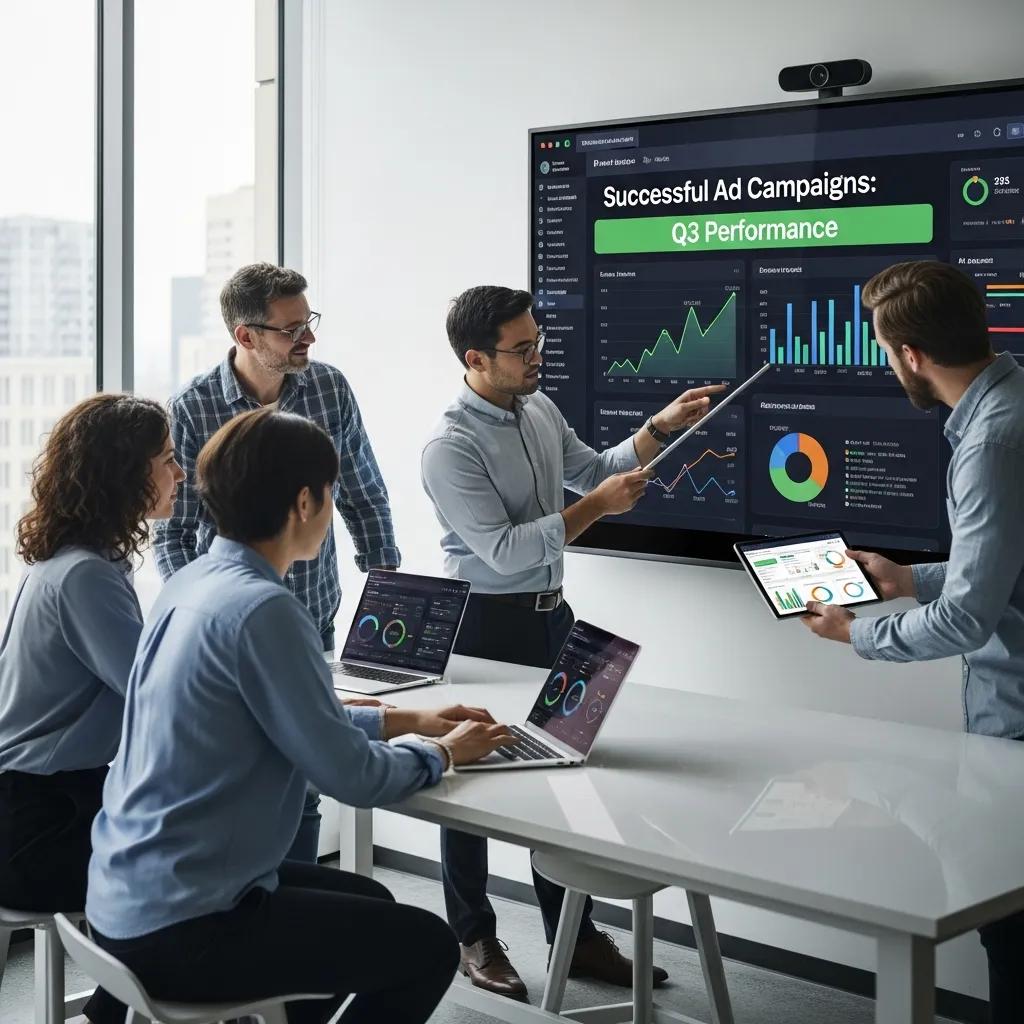 Digital marketing team analyzing PPC advertising results in a modern office