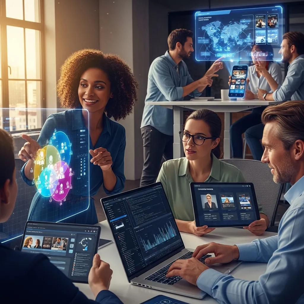 Diverse group analyzing data on digital devices, representing AI audience segmentation in marketing