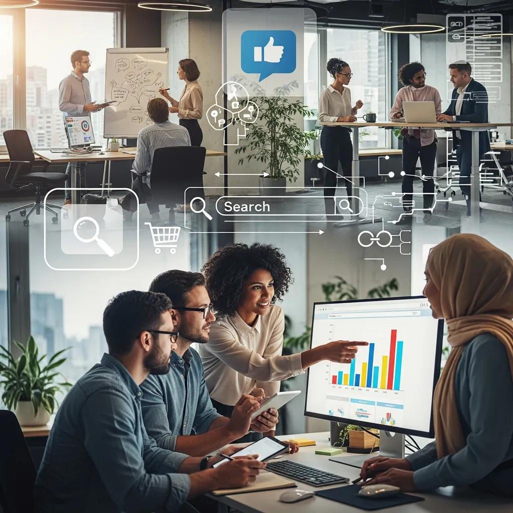 Diverse professionals collaborating in a modern office, emphasizing digital marketing strategies