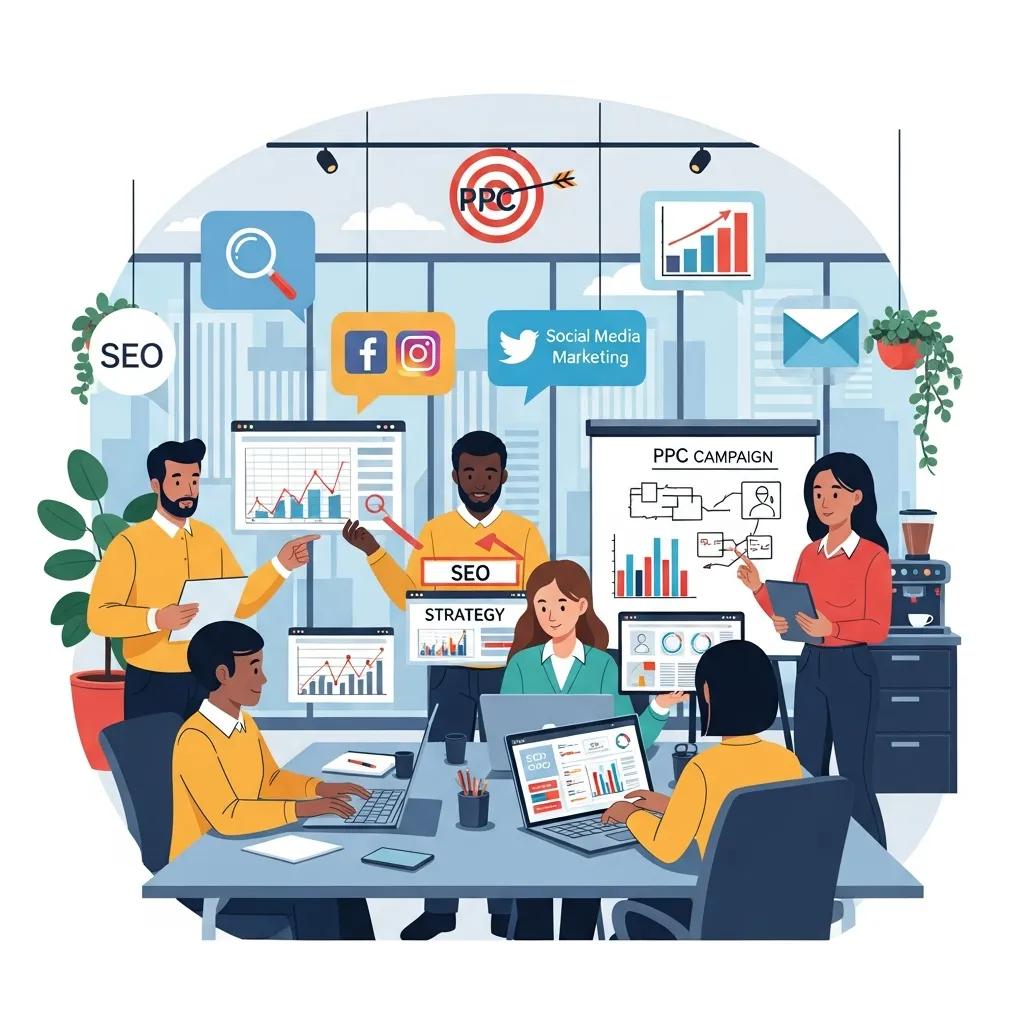 Diverse professionals collaborating on digital marketing strategies in a modern office