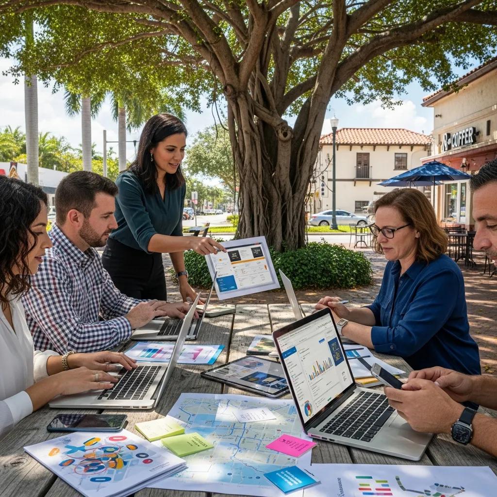 Diverse small business owners in Davie, FL, collaborating on digital marketing strategies outdoors