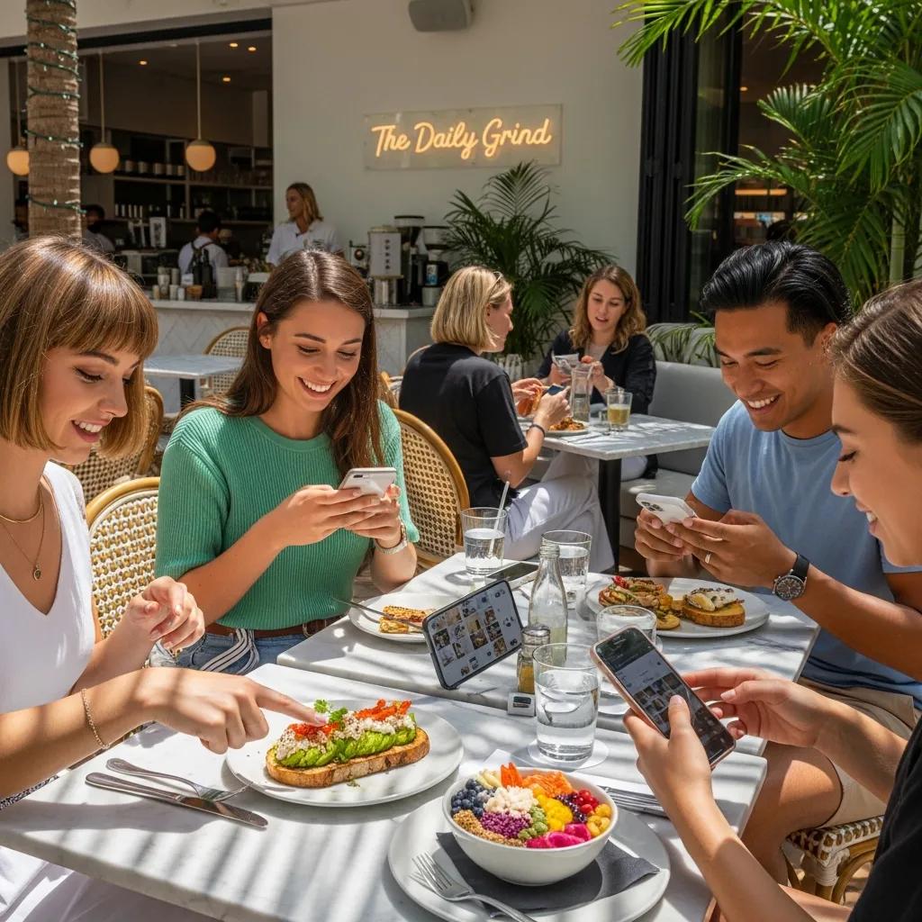 Group of young adults using smartphones for social media at a café in Miami Beach