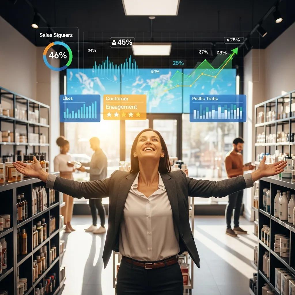 Happy business owner celebrating success in a retail store, representing client success stories