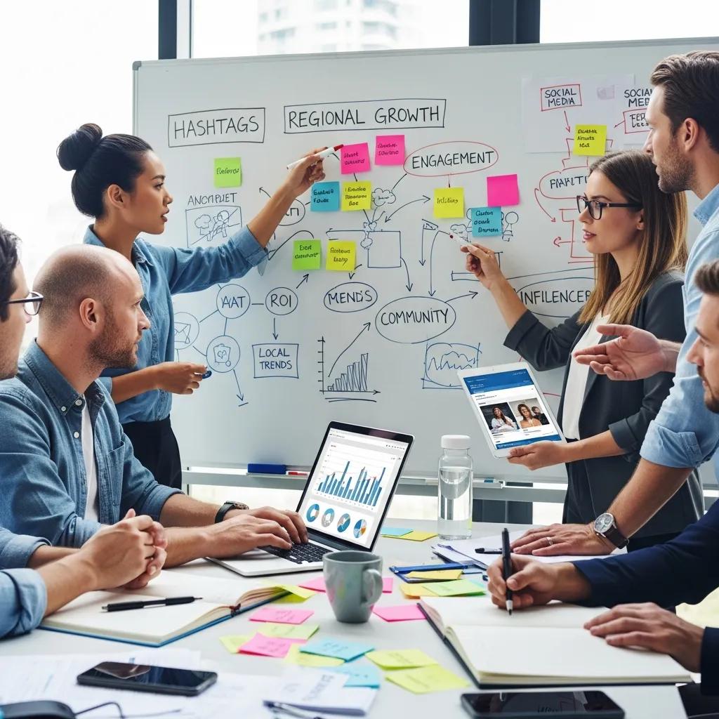 Marketing team brainstorming social media strategies in a collaborative setting