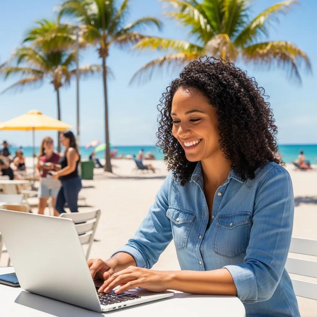 Small business owner in Deerfield Beach working on digital marketing strategies outdoors