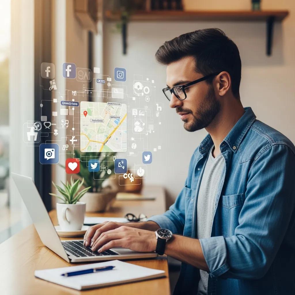 Small business owner in Pembroke Pines working on digital marketing strategies in a café