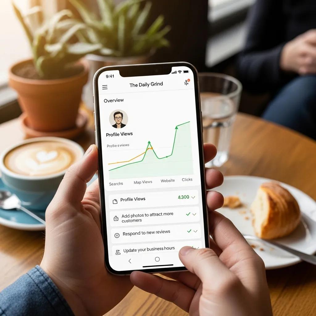 Smartphone displaying optimized Google My Business profile in a local café setting