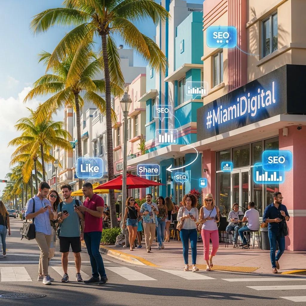 Vibrant Miami street scene with digital marketing elements representing local business engagement