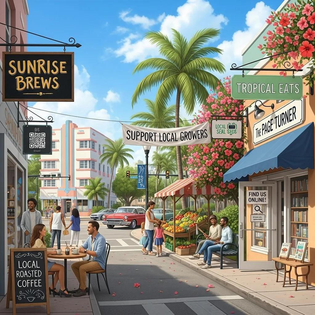 ### Key Elements- **Main Subjects**: People enjoying coffee at an outdoor café, pedestrians, and a couple in conversation.
- **Objects**: Café tables, signage for businesses, a parked car, and tropical plants.
- **Notable Features**: Colorful storefronts, palm trees, and decorative flowers.
- **Text/Symbols**: Signs indicating "Sunrise Brews," "Tropical Eats," "Support Local Growers," and QR codes.
### Overall Mood/ThemeThe scene conveys a vibrant, community-oriented atmosphere, promoting local businesses and a relaxed, sunny day. The presence of greenery and cheerful colors enhances a sense of warmth and friendliness, inviting people to connect and enjoy their surroundings.